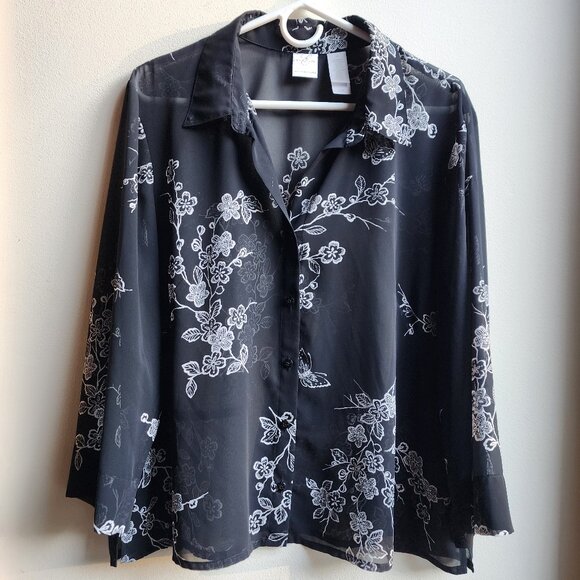 Emma James Black/White Semi-Sheer Floral Button Down Blouse Size 18 - Picture 5 of 14